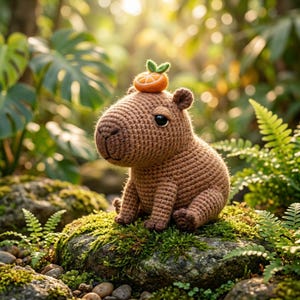 Zen Capybara Häkelanleitung, Amigurumi Plüschtier mit orangem Hut (PDF Download)