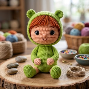 May include: A handmade crochet doll with a green hooded outfit and orange hair. The doll has a smiling face and is sitting on a wooden surface. The doll's outfit includes a hood with small ears.