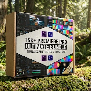 Peut inclure: Une boîte en carton marron avec le texte "15K+ PREMIERE PRO ULTIMATE BUNDLE" est présentée sur un fond de forêt. La boîte affiche les logos Adobe Premiere Pro et After Effects, ainsi que les mots "TEMPLATES, ASSETS, EFFECTS, TRANSITIONS."