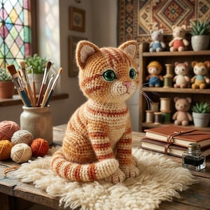 May include: A crocheted orange tabby cat with green eyes and a pink nose sits on a white, fluffy rug. The handmade cat has brown stripes and is on a wooden table. Other craft supplies and small stuffed animals are in the background.