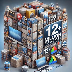 Puede incluir: Una representación 3D de un cubo compuesto por varios elementos de medios digitales. El cubo presenta un gran letrero que dice "12+ MILLION PLR ARTICLES". Una computadora portátil y una computadora de escritorio muestran gráficos de forma de onda. La imagen también incluye pilas de documentos e iconos digitales.