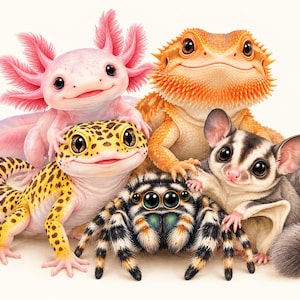 Exotic Pet Clipart Bundle, 120 Watercolor PNGs, Axolotl Gecko Reptile & Small Animal Art