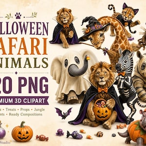 Könnte beinhalten: Eine Sammlung von 3D-Safari-Tieren zum Thema Halloween, darunter ein Löwe im Vampirumhang, eine Giraffe mit Hexenhut, ein Geisterelefant, ein Skelett-Zebra, ein Mumien-Nashorn und ein Flusspferd im Kürbiskostüm, mit dem Text HALLOWEEN SAFARI ANIMALS.