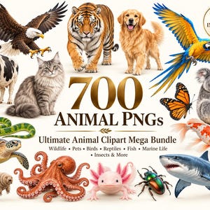 Könnte beinhalten: Eine digitale Sammlung von 700 Tier-PNGs mit einem Weißkopfseeadler, Tiger, Golden Retriever, Ara, Kuh, Katze, Schlange, Schmetterling, Koala, Schildkröte, Goldfisch, Bärtierchen, Krake, Axolotl, Käfer und Hai mit dem Text 700 ANIMAL PNGs.
