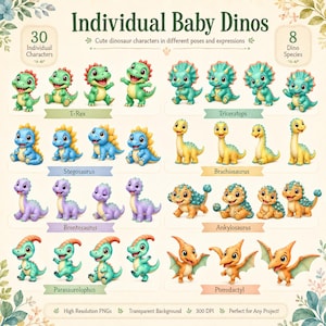 Pu&ograve; includere: Una collezione digitale di 30 personaggi individuali di dinosauri cuccioli con 8 specie, tra cui T-Rex, Triceratops, Stegosaurus, Brachiosaurus, Brontosaurus, Ankylosaurus, Parasaurolophus e Pterodactyl, in varie pose ed espressioni.