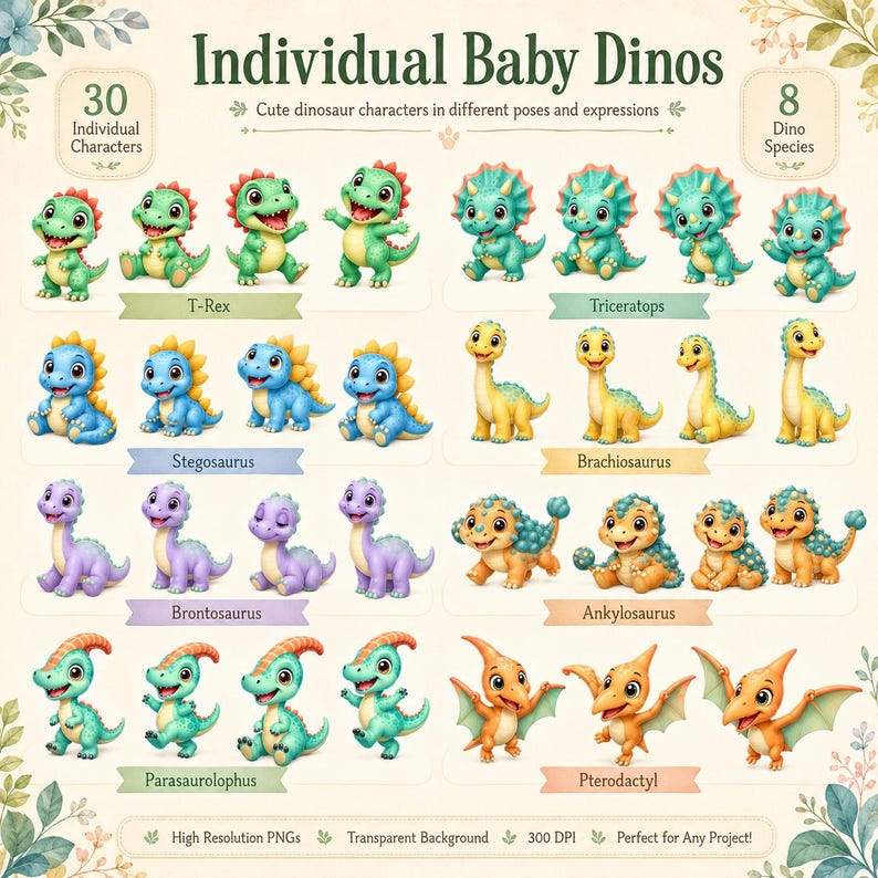 Pu&ograve; includere: Una collezione digitale di 30 personaggi individuali di dinosauri cuccioli con 8 specie, tra cui T-Rex, Triceratops, Stegosaurus, Brachiosaurus, Brontosaurus, Ankylosaurus, Parasaurolophus e Pterodactyl, in varie pose ed espressioni.
