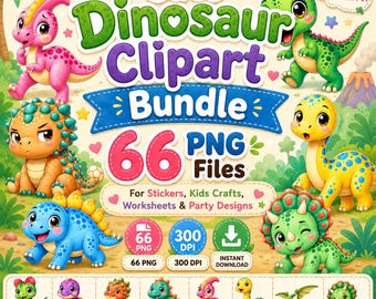 Può includere: Un pacchetto grafico digitale con 66 file PNG di dinosauri a cartoni animati colorati. Il testo recita Cute Dinosaur Clipart Bundle 66 PNG Files. Include varie illustrazioni di dinosauri verdi, rosa, blu e arancioni.