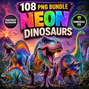 Può includere: Un pacchetto digitale di 108 immagini PNG di dinosauri al neon che raffigurano varie creature preistoriche colorate in un paesaggio tropicale. Il testo recita 108 PNG BUNDLE NEON DINOSAURS, TRANSPARENT BACKGROUND e COMMERCIAL USE.