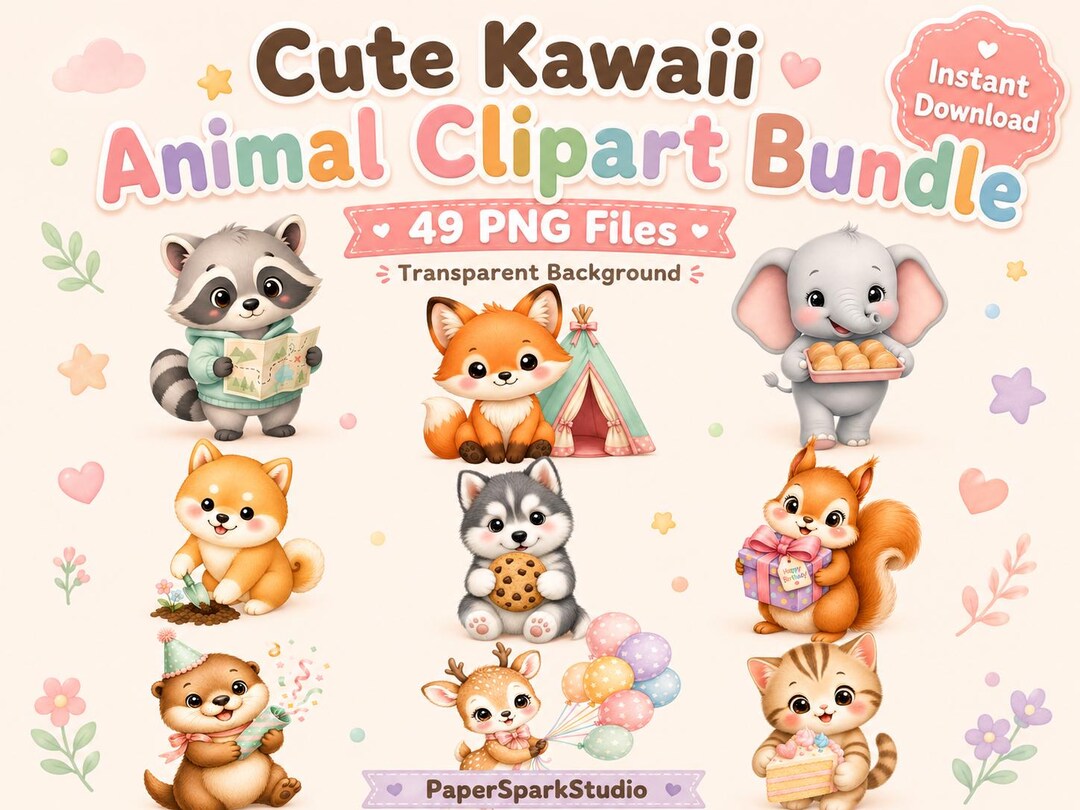 Cute Kawaii Animal Clipart Bundle, 49 PNG Files, Pastel Animal PNG ...