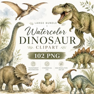 Può includere: Una collezione digitale di illustrazioni di dinosauri ad acquerello con un T-Rex, Triceratops, Stegosaurus, Pterodactyl e un cucciolo di dinosauro che esce dall'uovo. Il testo recita LARGE BUNDLE Watercolor DINOSAUR CLIPART 102 PNG.