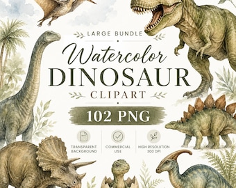Può includere: Una collezione digitale di illustrazioni di dinosauri ad acquerello con un T-Rex, Triceratops, Stegosaurus, Pterodactyl e un cucciolo di dinosauro che esce dall'uovo. Il testo recita LARGE BUNDLE Watercolor DINOSAUR CLIPART 102 PNG.