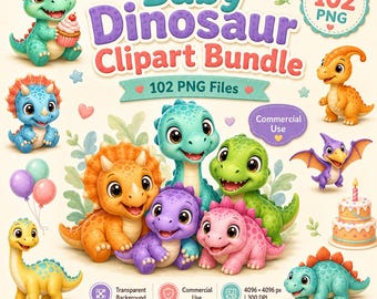 Può includere: Una collezione digitale di 102 immagini clipart di dinosauri bebè in formato PNG. La grafica presenta vari dinosauri colorati in stile cartone animato, inclusi triceratopi e pterodattili, insieme a torte di compleanno, palloncini e cupcake.