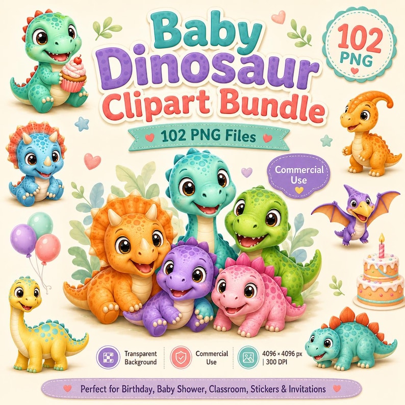 Pu&ograve; includere: Una collezione digitale di 102 immagini clipart di dinosauri beb&egrave; in formato PNG. La grafica presenta vari dinosauri colorati in stile cartone animato, inclusi triceratopi e pterodattili, insieme a torte di compleanno, palloncini e cupcake.