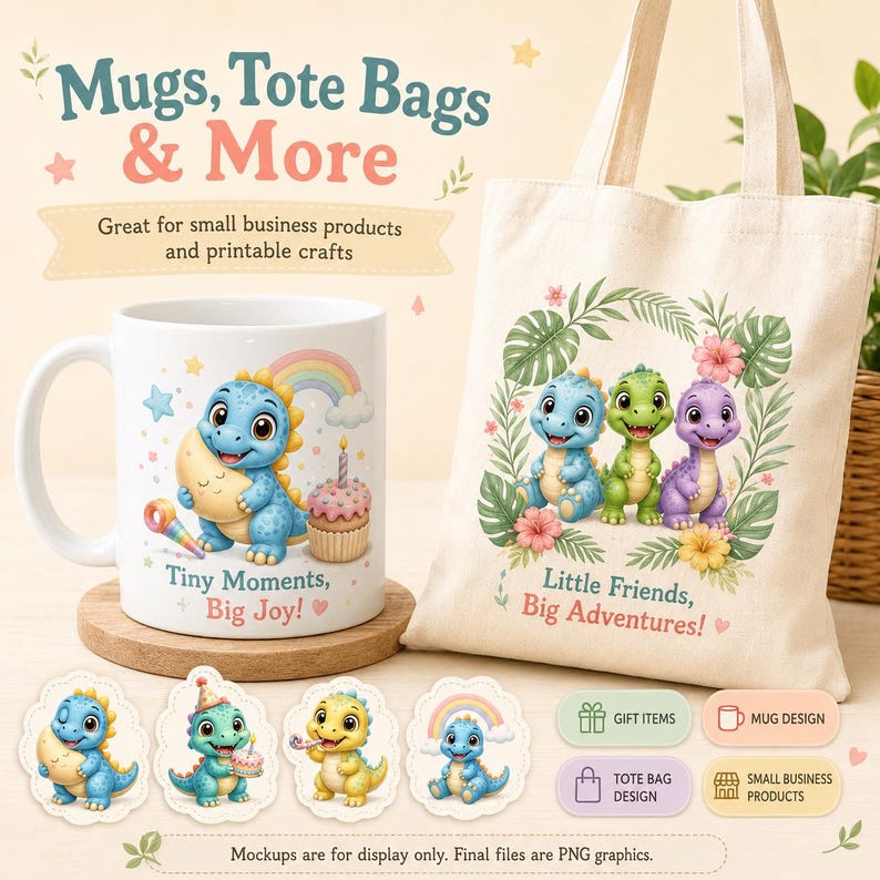 Pu&ograve; includere: Una tazza in ceramica bianca e una borsa in tela beige con illustrazioni colorate di dinosauri. La tazza mostra un dinosauro blu con un cupcake e il testo Tiny Moments, Big Joy. La borsa mostra tre dinosauri con il testo Little Friends, Big Adventures. Sono inclusi quattro adesivi circolari con grafiche di dinosauri.