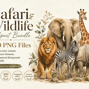 Może przedstawiać: Cyfrowa kolekcja akwarelowych zwierząt safari, w tym lew, słoń, żyrafa, zebra i nosorożec. Tekst głosi Safari Wildlife Clipart Bundle, 100 PNG Files, Watercolor Animals, Nature Elements, Transparent Background, 300 DPI.