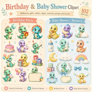 Pu&ograve; includere: Una collezione digitale di 102 file PNG intitolata Birthday & Baby Shower Clipart con illustrazioni di dinosauri, torte di compleanno, palloncini, regali, biberon, nuvole, lune, arcobaleni e striscioni decorativi per feste.