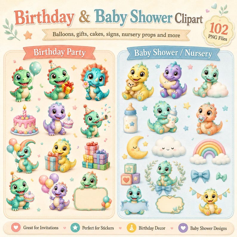 Pu&ograve; includere: Una collezione digitale di 102 file PNG intitolata Birthday & Baby Shower Clipart con illustrazioni di dinosauri, torte di compleanno, palloncini, regali, biberon, nuvole, lune, arcobaleni e striscioni decorativi per feste.