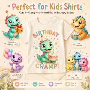 Pu&ograve; includere: Una t-shirt bianca con un dinosauro verde dei cartoni animati che indossa un cappellino da festa e tiene in mano una torta di compleanno con il testo Birthday Champ. L'immagine include vari grafici colorati di dinosauri, palloncini e testo per abbigliamento.