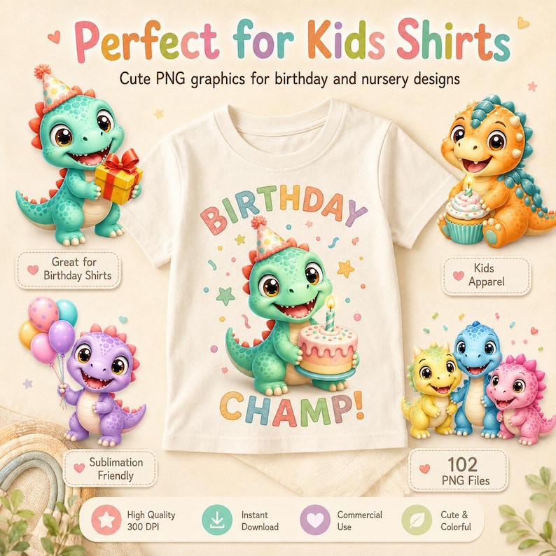 Pu&ograve; includere: Una t-shirt bianca con un dinosauro verde dei cartoni animati che indossa un cappellino da festa e tiene in mano una torta di compleanno con il testo Birthday Champ. L'immagine include vari grafici colorati di dinosauri, palloncini e testo per abbigliamento.