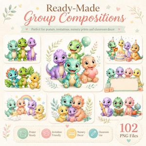 Pu&ograve; includere: Una collezione digitale di Ready-Made Group Compositions con cuccioli di dinosauro in stile cartoon in vari colori come verde, viola e pesca. Le illustrazioni includono dinosauri con palloncini, cuori, libri e torte di compleanno, per un totale di 102 file PNG.