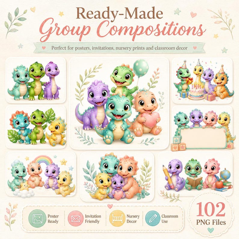 Pu&ograve; includere: Una collezione digitale di Ready-Made Group Compositions con cuccioli di dinosauro in stile cartoon in vari colori come verde, viola e pesca. Le illustrazioni includono dinosauri con palloncini, cuori, libri e torte di compleanno, per un totale di 102 file PNG.