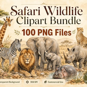Può includere: Una collezione digitale intitolata Safari Wildlife Clipart Bundle 100 PNG Files con illustrazioni in stile acquerello di una giraffa, zebra, leone, elefante, cucciolo di elefante, ghepardo, rinoceronte e ippopotamo in un paesaggio di savana.