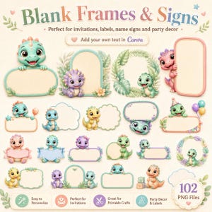 Pu&ograve; includere: Una collezione di risorse grafiche digitali con dinosauri in stile cartoon che reggono cornici e cartelli vuoti di varie forme. Il set include illustrazioni color pastello di piccole creature, ghirlande di foglie e nuvole con il testo Blank Frames & Signs.
