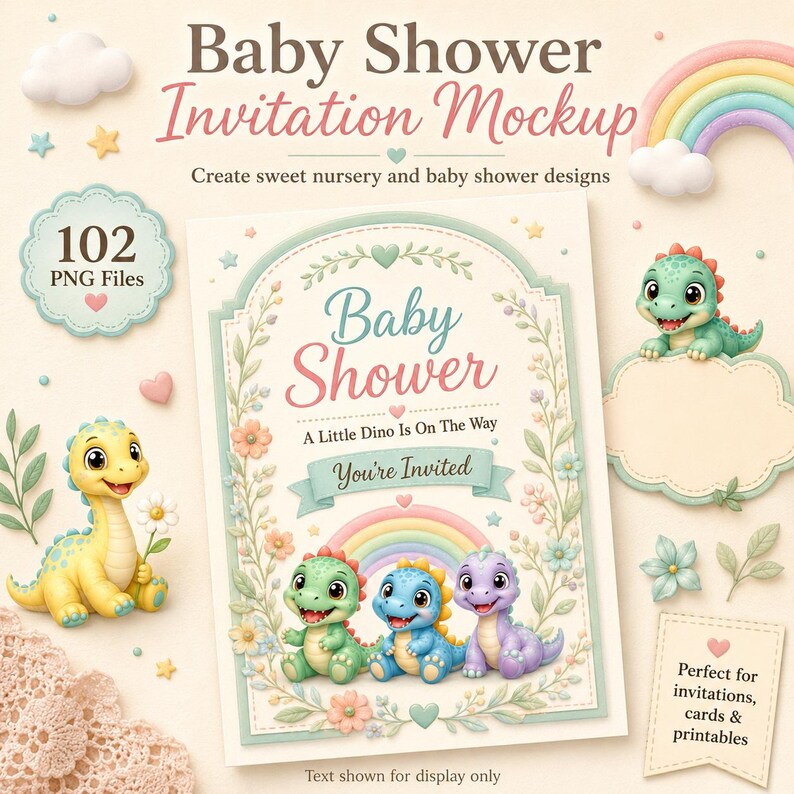 Pu&ograve; includere: Un mockup di invito per baby shower con tre dinosauri a cartoni animati colorati, un arcobaleno e accenti floreali. Il testo recita Baby Shower, A Little Dino Is On The Way e You're Invited. Include 102 file PNG ed elementi decorativi.