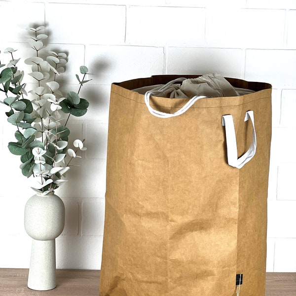 Offre spéciale - PANIER À LINGE en Tec-Cell | Papier kraft | Sac à linge XL | Récupérateur de linge avec COUVERCLE | Corbeille à linge | 100% naturel | Fermeture à cordon