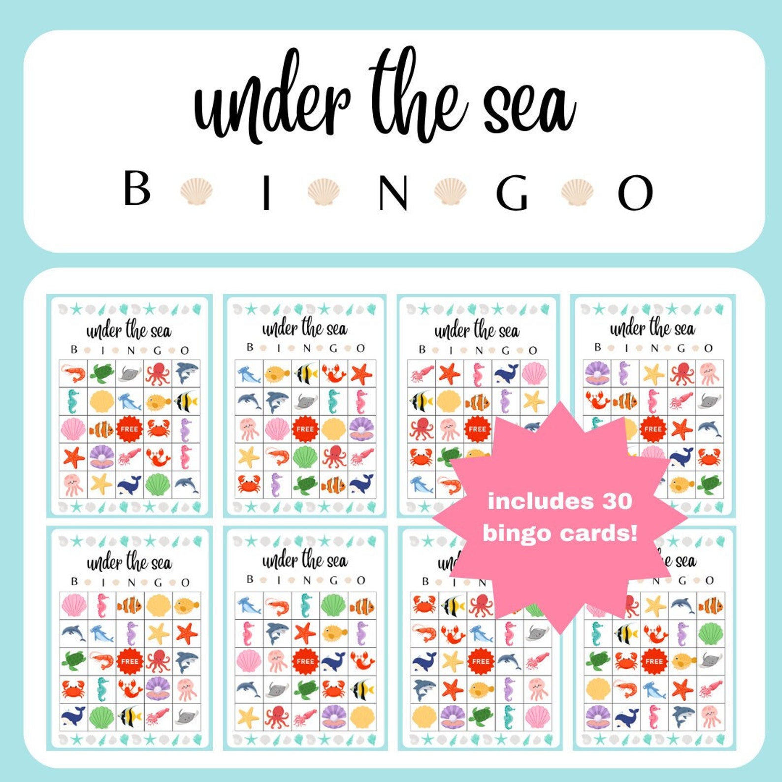Under the Sea Bingo, 30 Bingo Cards, Kids' Under the Sea Activity ...