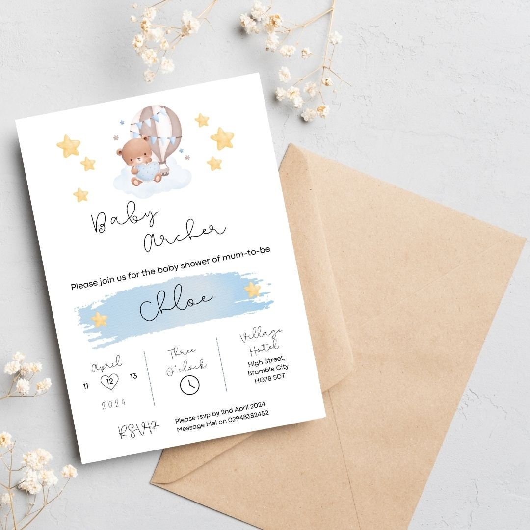 Baby Shower Personalised Invitation Teddy Bear blue and Stars Baby