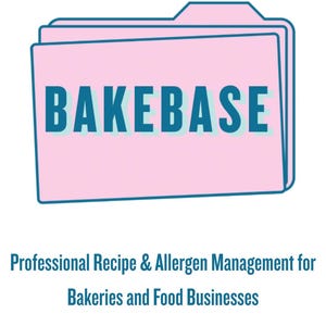 Puede incluir: Una carpeta rosa con la palabra "BAKEBASE" en letras turquesas. Debajo de la carpeta está el texto "Professional Recipe & Allergen Management for Bakeries and Food Businesses."