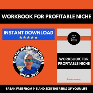 Può includere: Grafica arancione con il testo "WORKBOOK FOR PROFITABLE NICHE" e "INSTANT DOWNLOAD". Un logo circolare presenta un uomo con occhiali da sole. Viene mostrato anche un quaderno di lavoro con il titolo "WORKBOOK FOR PROFITABLE NICHE".