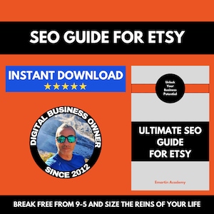 May include: A digital marketing guide for Etsy sellers, titled "Ultimate SEO Guide for Etsy". The guide is offered as an instant download and promises to unlock business potential. The cover features a mountain scene and the text "Digital Business Owner Since 2012".