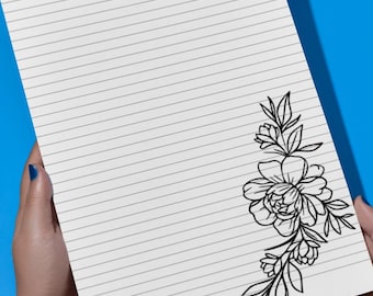 Floral Lined Paper: Minimalist Black & White Stationery Set (Digital Download, 40 Pages)