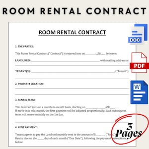 May include: A blank room rental contract template with the title "Room Rental Contract" at the top. The contract is divided into four sections: The Parties, Property Location, Rental Term, and Rent Payment. The document is 3 pages long.