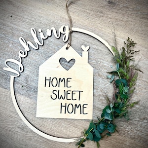 Nameplate doorplate wood name wooden sign sign front door HOME individualized wooden ring wooden loop dried flowers door wreath