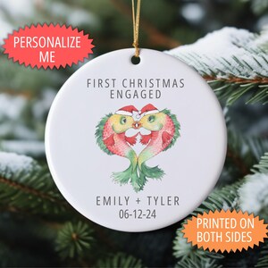 Personalized Engagement Ornament, Fish Kiss, Round + Heart Ceramic Ornament, 2-Side Print, Gift for Engaged Couple, Bride Gift, Bridal Gift