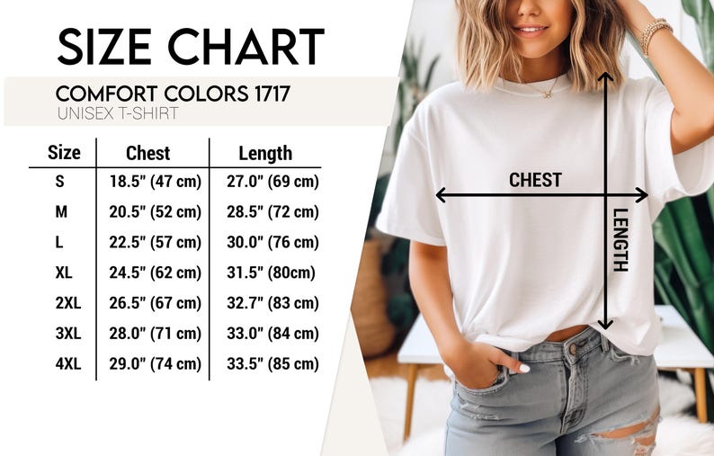 May include: White unisex t-shirt with a size chart. The chart shows chest and length measurements in inches and centimeters for sizes S to 4XL. The text "SIZE CHART" and "COMFORT COLORS 1717" are visible.