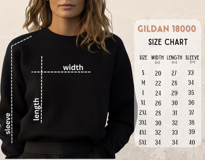 May include: Size chart for Gildan 18000 sweatshirts, showing width, length, and sleeve measurements in inches for sizes S through 5XL.