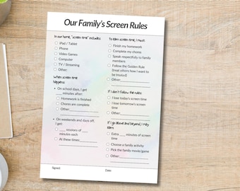 Screen Time Rules Printable | Family Screen Agreement | Kids Tech Rules Template | Digital Parenting Tool (PDF)