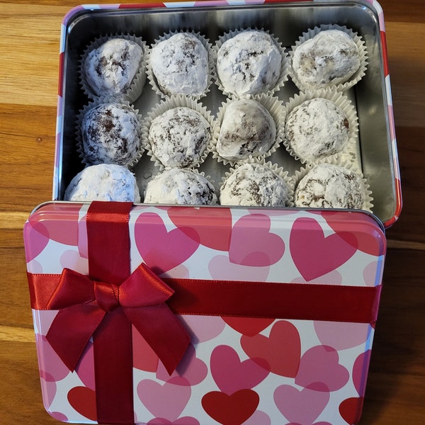 Boozy Rum Balls with real dark rum fudgy chocolate truffles Mother's Day Valentine's day candy gift tin