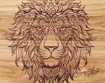May include: A detailed wood carving of a lion's head, featuring intricate patterns and flowing lines. The lion's mane and facial features are meticulously carved, showcasing a blend of artistry and craftsmanship. The artwork is set against a light brown wood grain background.