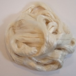 May include: A close-up of a pile of white silk fibers. The fibers are soft and fluffy, and they are perfect for spinning or weaving.