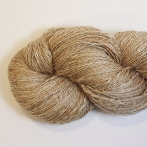 May include: A skein of light brown yarn with a subtle sheen. The yarn is made of natural fibers and has a soft, fluffy texture.