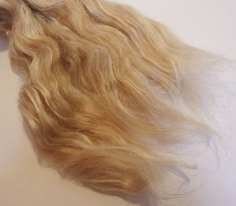 May include: A close-up of a bundle of light blonde human hair, showing the texture and color of the hair.