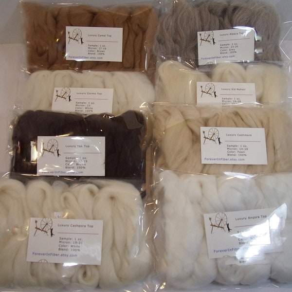 Luxury Fiber Collection  8 Different Fibers for Spinning Felting or Blending Combed Top / Roving (1 oz. each) 8 oz. Total