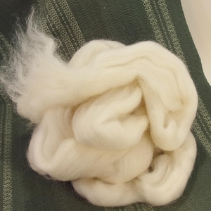 May include: A pile of soft, off-white wool roving, ideal for fiber art projects. The wool is fluffy and appears freshly processed. It rests on a dark green fabric with a subtle woven pattern, providing a contrasting backdrop.
