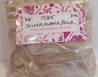 Discovery Pak of Luxury Silver Alpaca/Mulberry Silk Blend 75/25 Combed Top / Roving Spinning or Felting Fiber 1 oz.  Spinner's Study