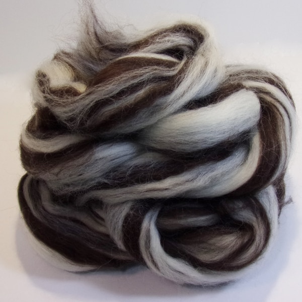 Corriedale Brown and White Wool Streaked (Humbug) Combed Top / Roving Spinning or Felting Fiber 4 oz
